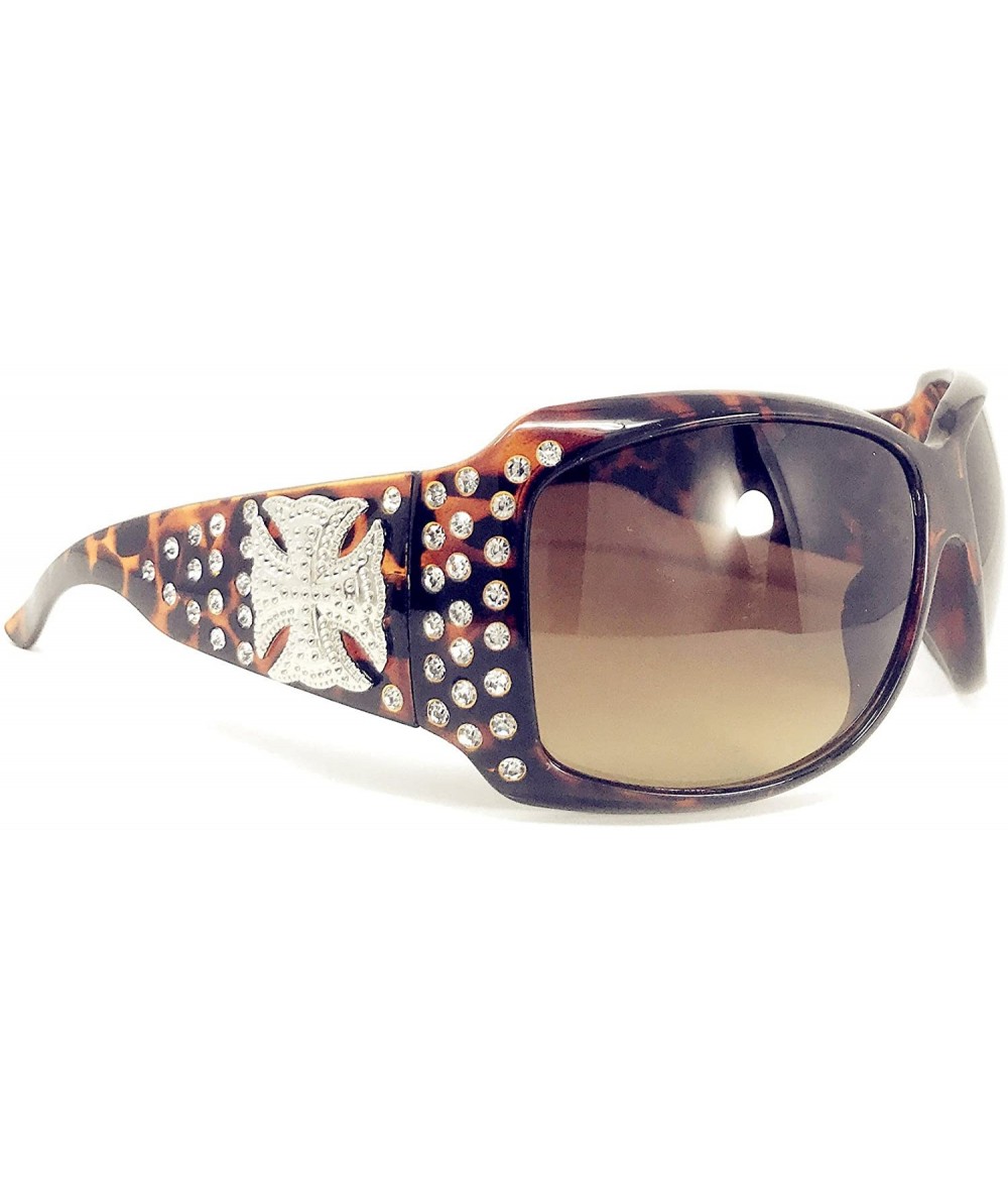 Rectangular Women's Sunglasses With Bling Rhinestone UV 400 PC Lens in Multi Concho - Large Metal Cross Leopard Brown - CA18W...