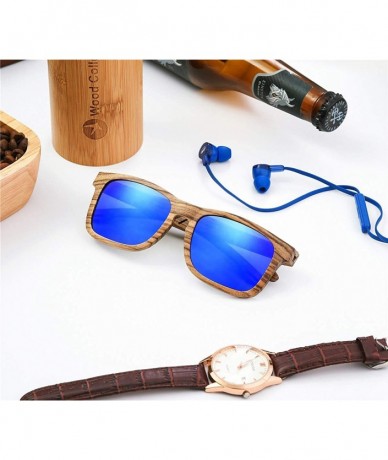 Square Wood Sunglasses with Polarized lenses for Men&Women Handmade Bamboo Wooden Sunglasses - A Blue Zebra - CY18M38ESCK $62.58