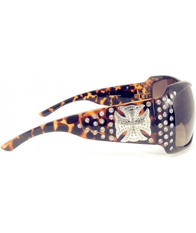 Rectangular Women's Sunglasses With Bling Rhinestone UV 400 PC Lens in Multi Concho - Large Metal Cross Leopard Brown - CA18W...