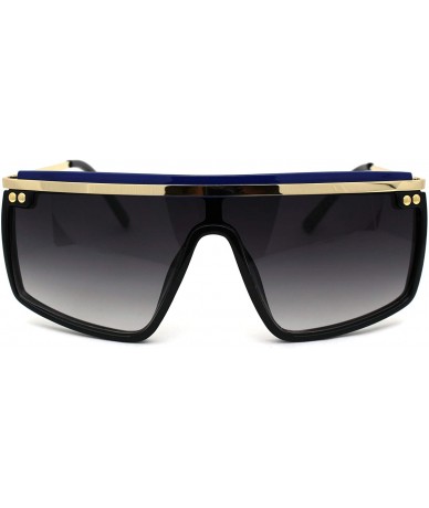 Shield Luxury Flat Top Mobster Fashion Shield Retro Sunglasses - Black Gold Blue Smoke - CX18ZCO29ZY $25.94