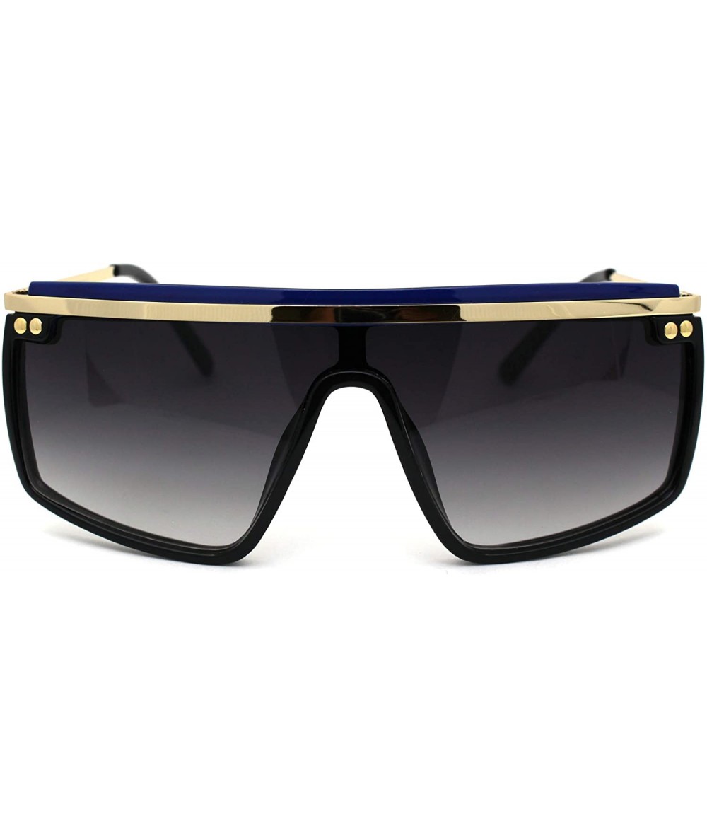 Shield Luxury Flat Top Mobster Fashion Shield Retro Sunglasses - Black Gold Blue Smoke - CX18ZCO29ZY $25.94