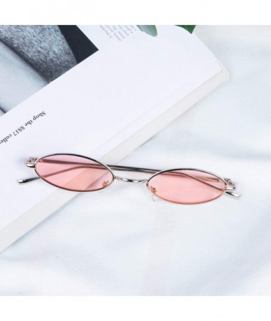 Oval Vintage Slender Oval Sunglasses Small Metal Frame Gothic Glasses - Silver Pink - CX18QXYQLG4 $18.78