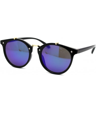 Round Womens Designer Fashion Round Keyhole Horn Rim Plastic Sunglasses - Black Gold Teal Mirror - CD18WS3IRMK $23.62