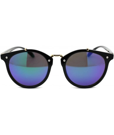 Round Womens Designer Fashion Round Keyhole Horn Rim Plastic Sunglasses - Black Gold Teal Mirror - CD18WS3IRMK $23.62