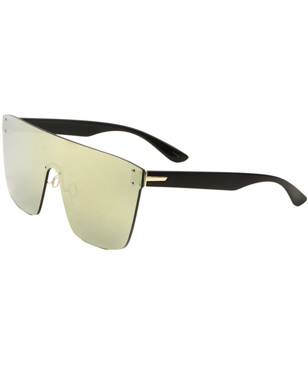 Aviator Large Flat Top Rimless Oversized One Piece Mono Shield Sunglasses - Black & Gold Frame - CJ1885ZZ5EY $19.64