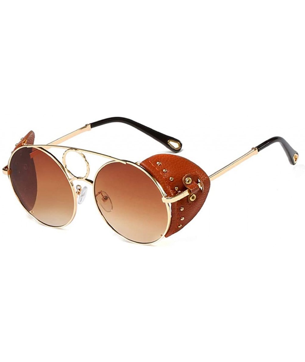 Shield Vintage Sunglasses Men Steampunk Retro Metal Round Sun Glasses for Women Rivet - Gold With Brown - C118WD2RX9Z $22.00