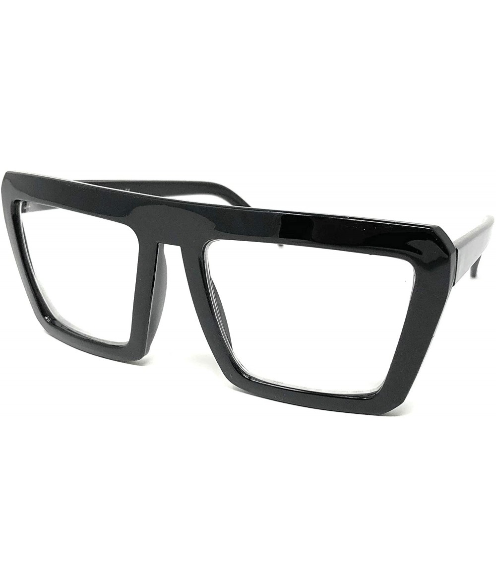 Oversized Nerd Glasses Classic Fashion Frame Clear Lens Square Round Rectangle - Black Gloss Flat Top- Clear - C118X4Q9NKY $1...