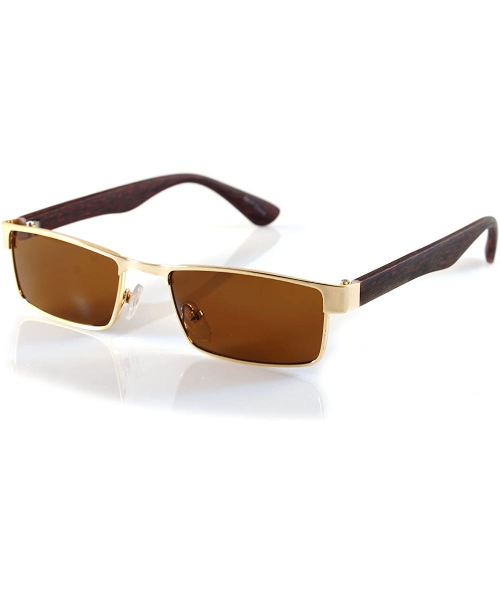 Rectangular XSmall Metal Flat Top Wood Feel Temple Narrow Rectangle Sunglasses A192 - Gold Brown/ Brown Sd - CL18EHTN588 $19.60