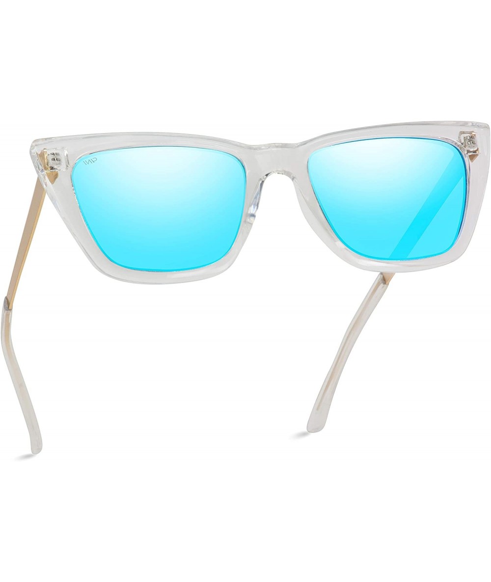 Round EXCLUSIVE - Flat Lens Polarized Modern Tip Pointed Women Cat Eye Sunglasses - Clear Frame/Blue Lens - CP18M5AYKUI $45.82