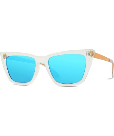 Round EXCLUSIVE - Flat Lens Polarized Modern Tip Pointed Women Cat Eye Sunglasses - Clear Frame/Blue Lens - CP18M5AYKUI $45.82