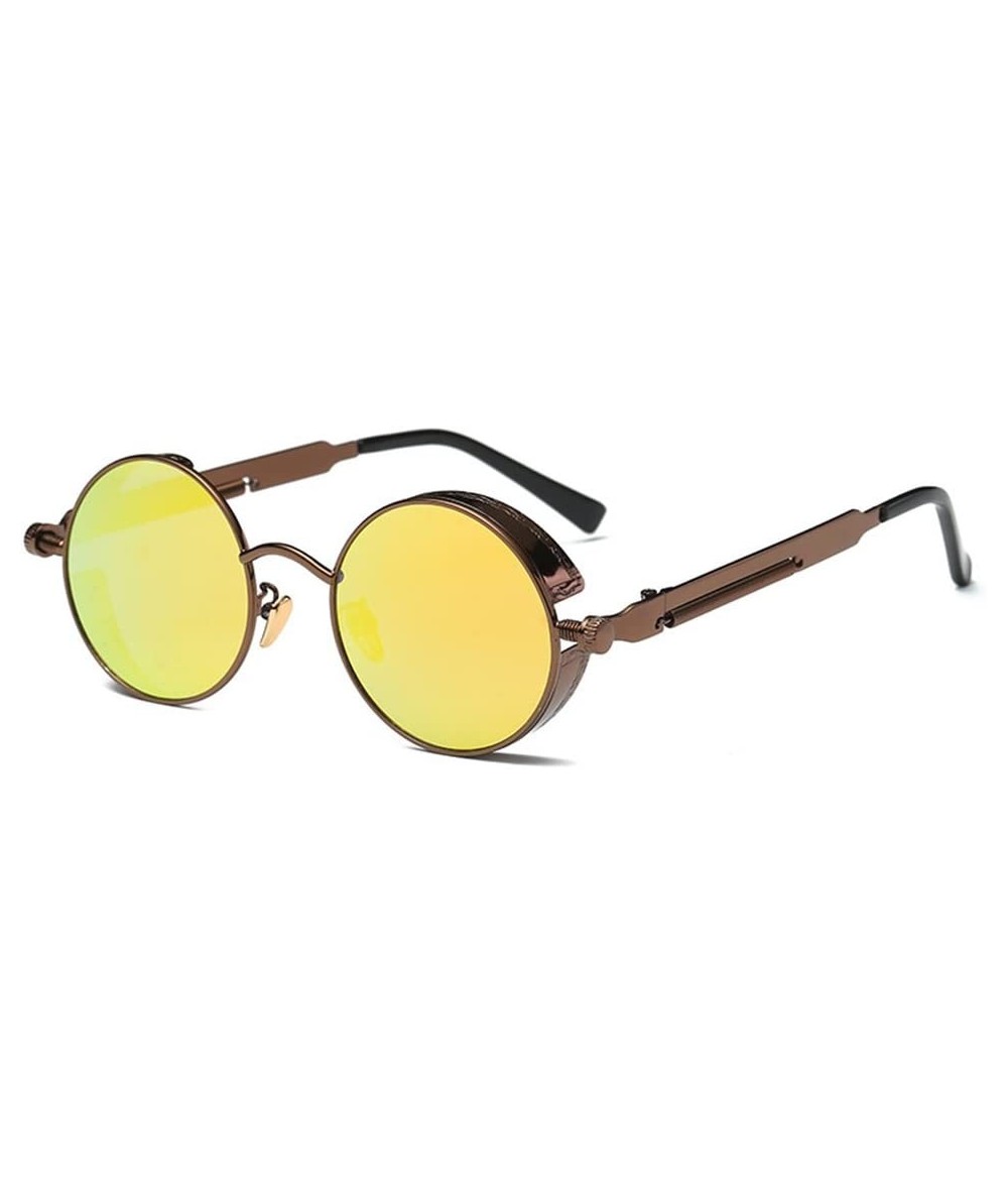 Oversized Men Women Retro Vintage Glasses Steampunk Round Metal UV400 Eyewear Sunglasses Anti Uv Sunglass Coffee + Yellow - C...