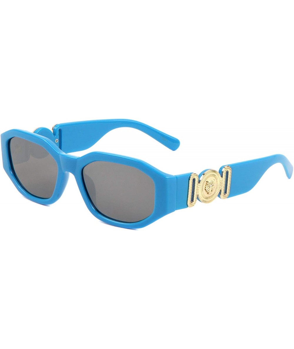 Oval Slim Oval Gold Tiger Head Medallion Luxury Sunglasses - Neon Blue & Gold Frame - CG18Y24N7UO $21.32