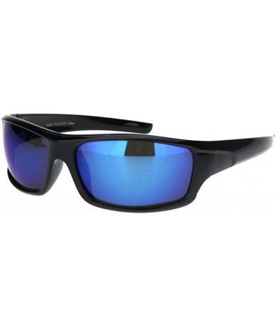 Rectangular Mens Color Mirror Lens Biker Style Warp Plastic Sunglasses - Shiny Black Blue Mirror - C018M2G6XGU $18.09