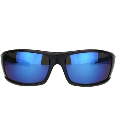 Rectangular Mens Color Mirror Lens Biker Style Warp Plastic Sunglasses - Shiny Black Blue Mirror - C018M2G6XGU $18.09