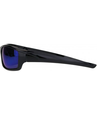 Rectangular Mens Color Mirror Lens Biker Style Warp Plastic Sunglasses - Shiny Black Blue Mirror - C018M2G6XGU $18.09