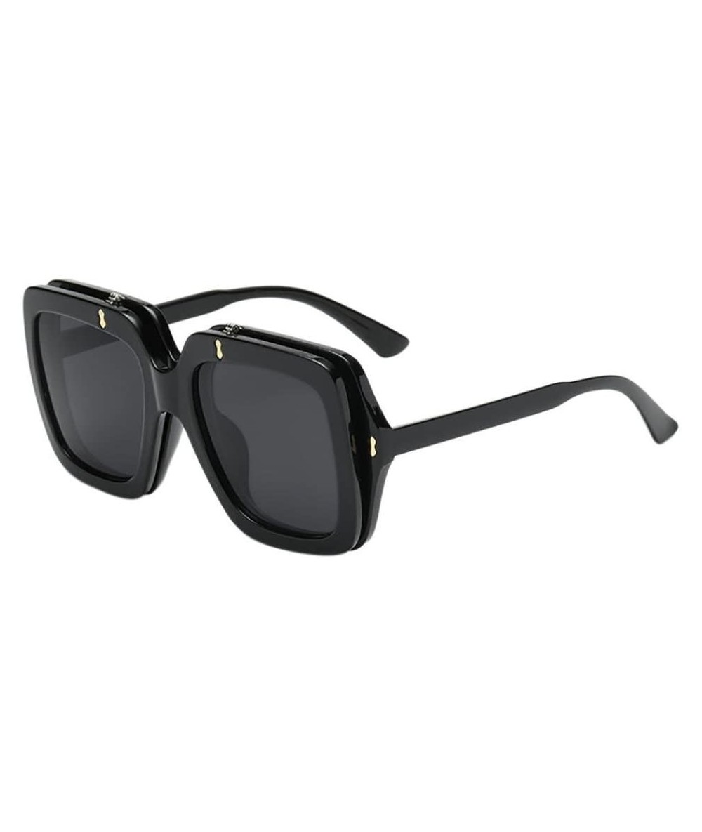 Aviator Women Man Vintage Big Frame Clamshell Sunglasses Retro Eyewear (Black) - Black - CG18DTO0QTG $18.16