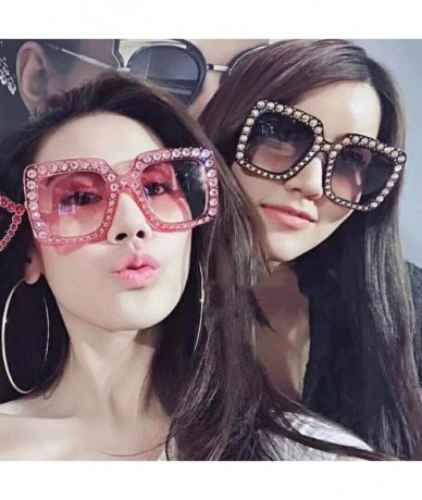 Square Women Fashion Square Frame Rhinestone Decor Sunglasses - Pink - CB1900N9UMQ $35.97