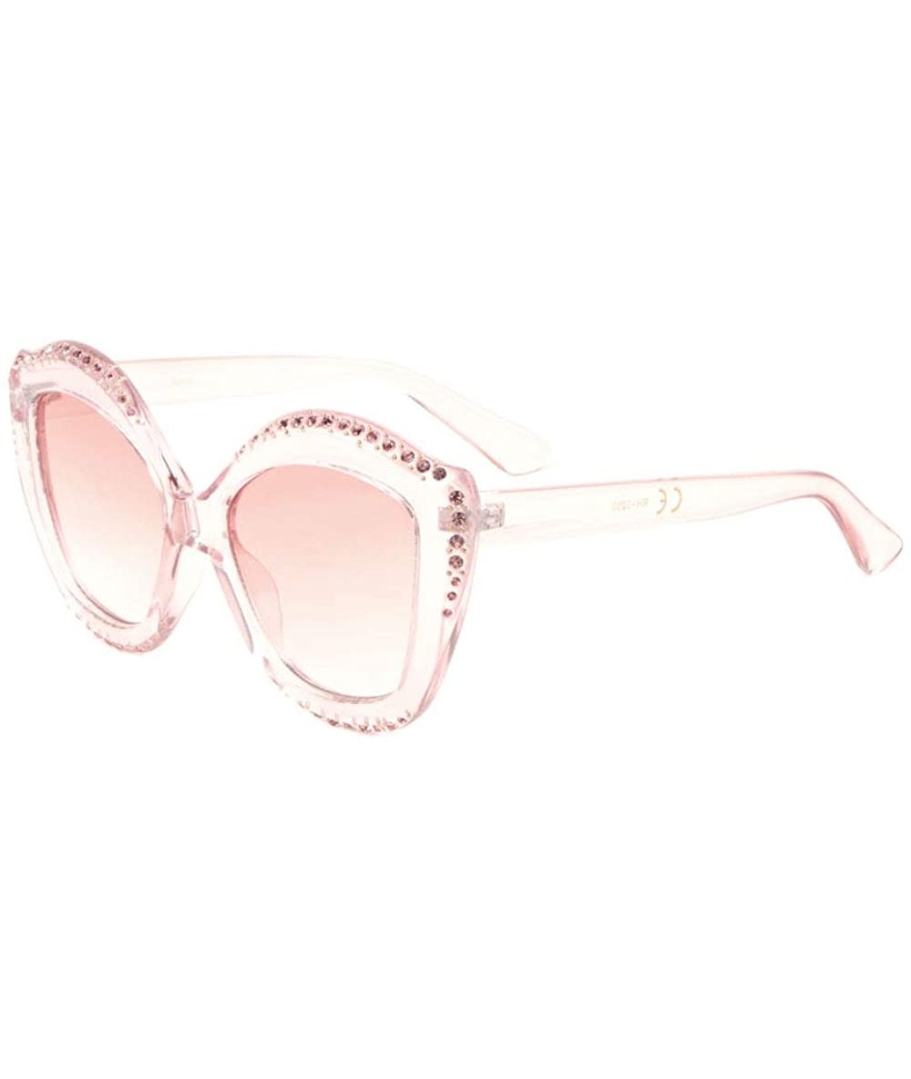 Cat Eye Curved Cat Eye Rhinestone Frame Edge Sunglasses - Pink Crystal - C0198E047RK $26.85