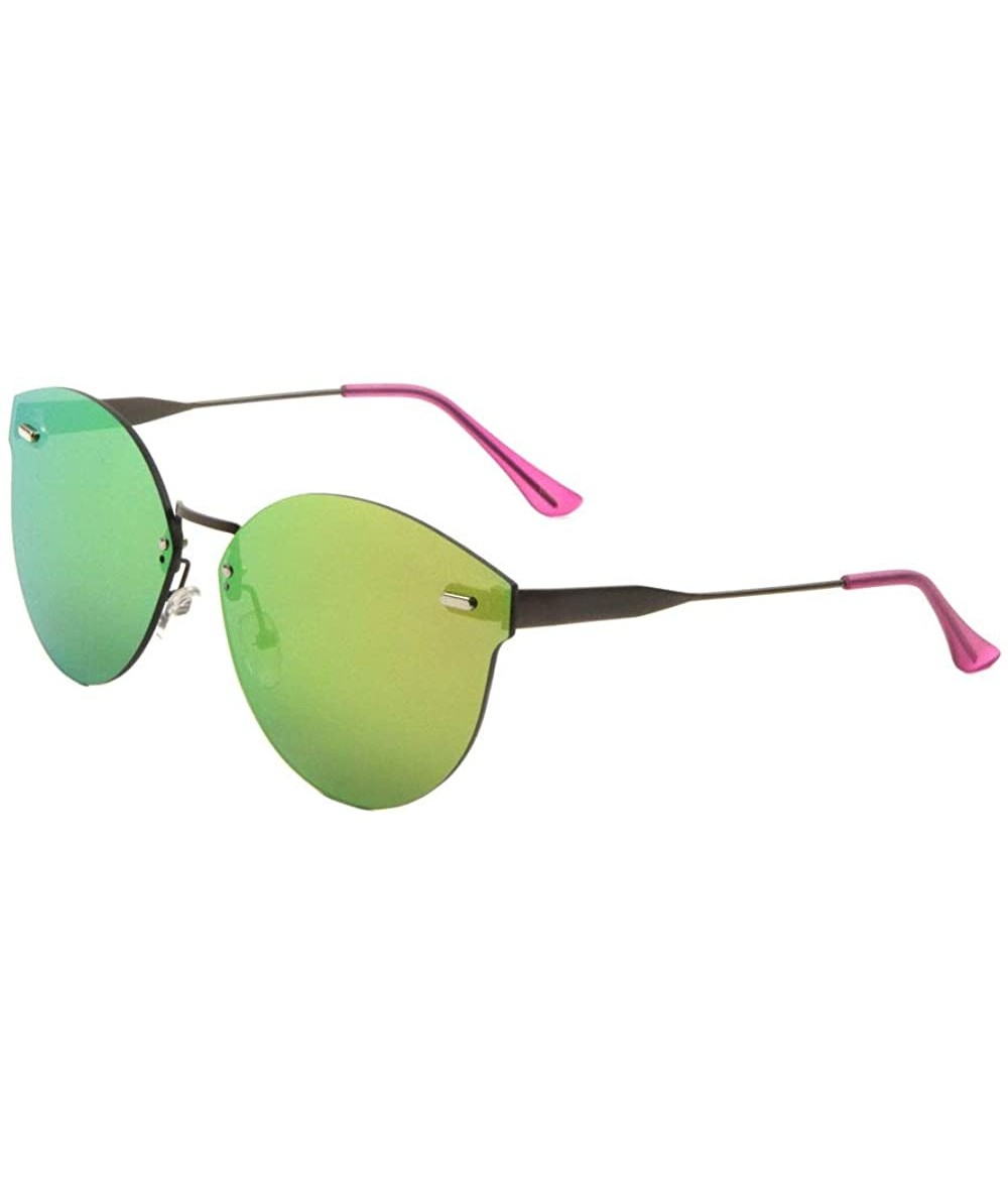 Round Color Mirror Flat Stud Lens Rimless Round Top Cat Eye Sunglasses - Pink Green - CT1908A393Z $26.90