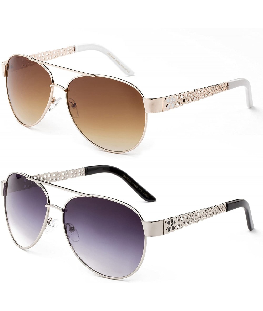 Aviator "Spring" Pilot Style Flower Designs Fashion Sunglasses - 2 Pack- Gold/White & Black - CQ18GQ53HQ9 $28.79