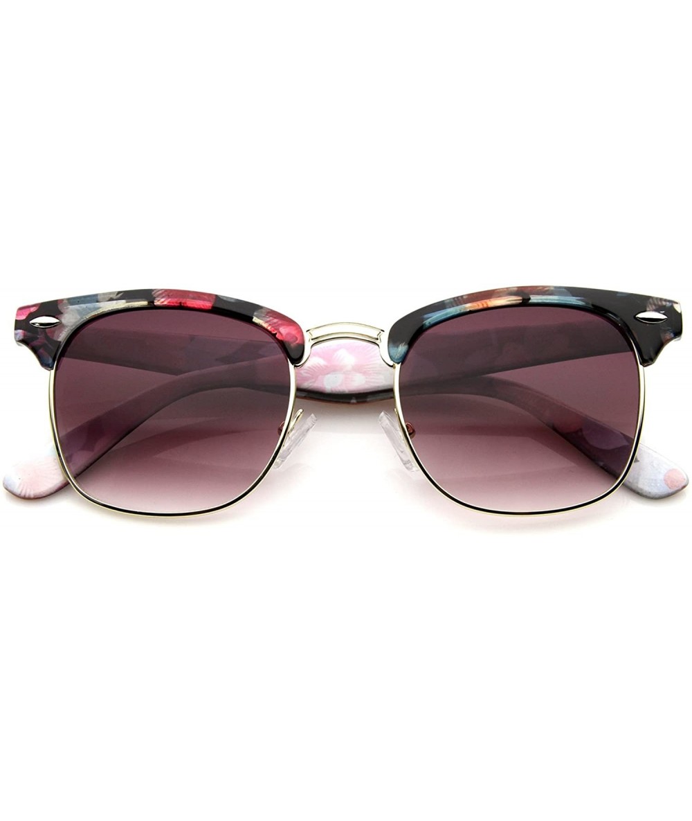 Wayfarer Women's Floral Printed Square Half Frame Horn Rimmed Sunglasses 50mm - Teal-pink / Pink Gradient - CD12J18EVQR $18.55