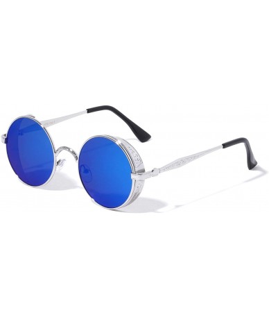 Round Round Engraved Side Shield Steampunk Fashion Sunglasses - Blue - CX196XHQT8Z $25.74