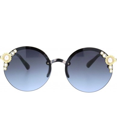 Rimless Womens Rhinestone Pearl Floral Jewel Rimless Round Circle Lens Sunglasses - Grey Tortoise Gold Blue Smoke - CU18OQUUD...