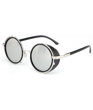 Round Retro Punk Round Sunglasses Leather Fashion Men and Women UV 400 Sunglasses - Silver - CE18GLU3RS9 $32.26