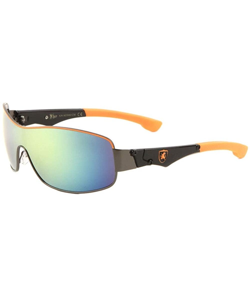 Shield Color Mirror Wide One Piece Shield Lens Plastic Color Ear Sunglasses - Blue Orange - CJ199D626OC $36.02