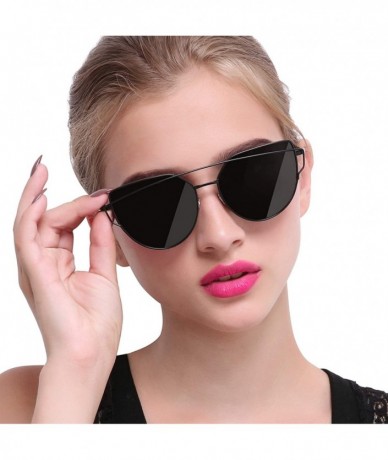 Oversized Cateye Sunglasses for Women - Metal Frame Flat Lens Womens Sunglasses Polarized - 2 Pack (Black+pink) - CK18WI8GKMQ...