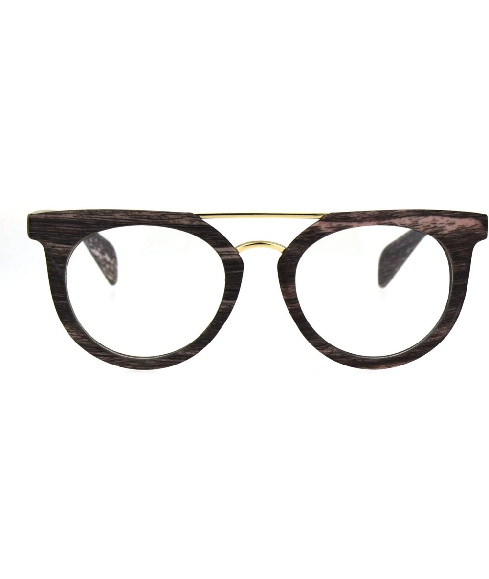 Round Vintage Style Flat Top Nerdy Metal Bridge Horn Rim Clear Lens Glasses - Pink Wood - CS182OU8E05 $19.73