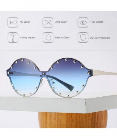 Oversized Classic Oval Rivet Sunglasses for Women Studded Eyeglasses UV400 Protection WS074 - 074 Gold Frame Grey Blue Lens -...