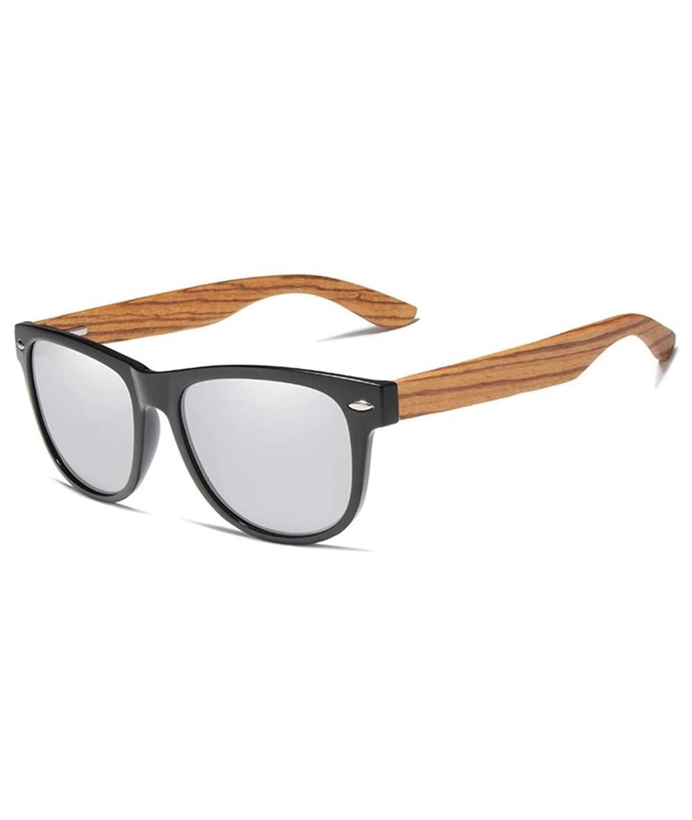 Square Natural Wood Polarized Sunglasses Mirror Lens Retro Wooden Frame Women Driving Sun Glasses - Silver Zebra Wood - CC194...