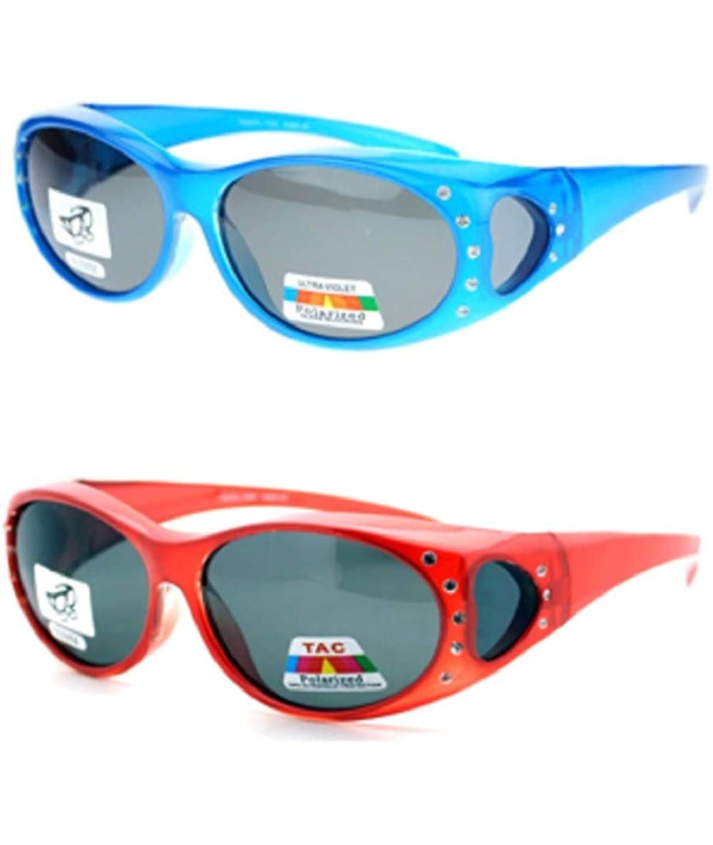 Wrap 2 Pair Polarized Rhinestone Oval Lens Shield Fit Over Glasses Sunglasses Anti Glare - 2 Pair Blue/Red - CY198M5YZ2Y $40.17