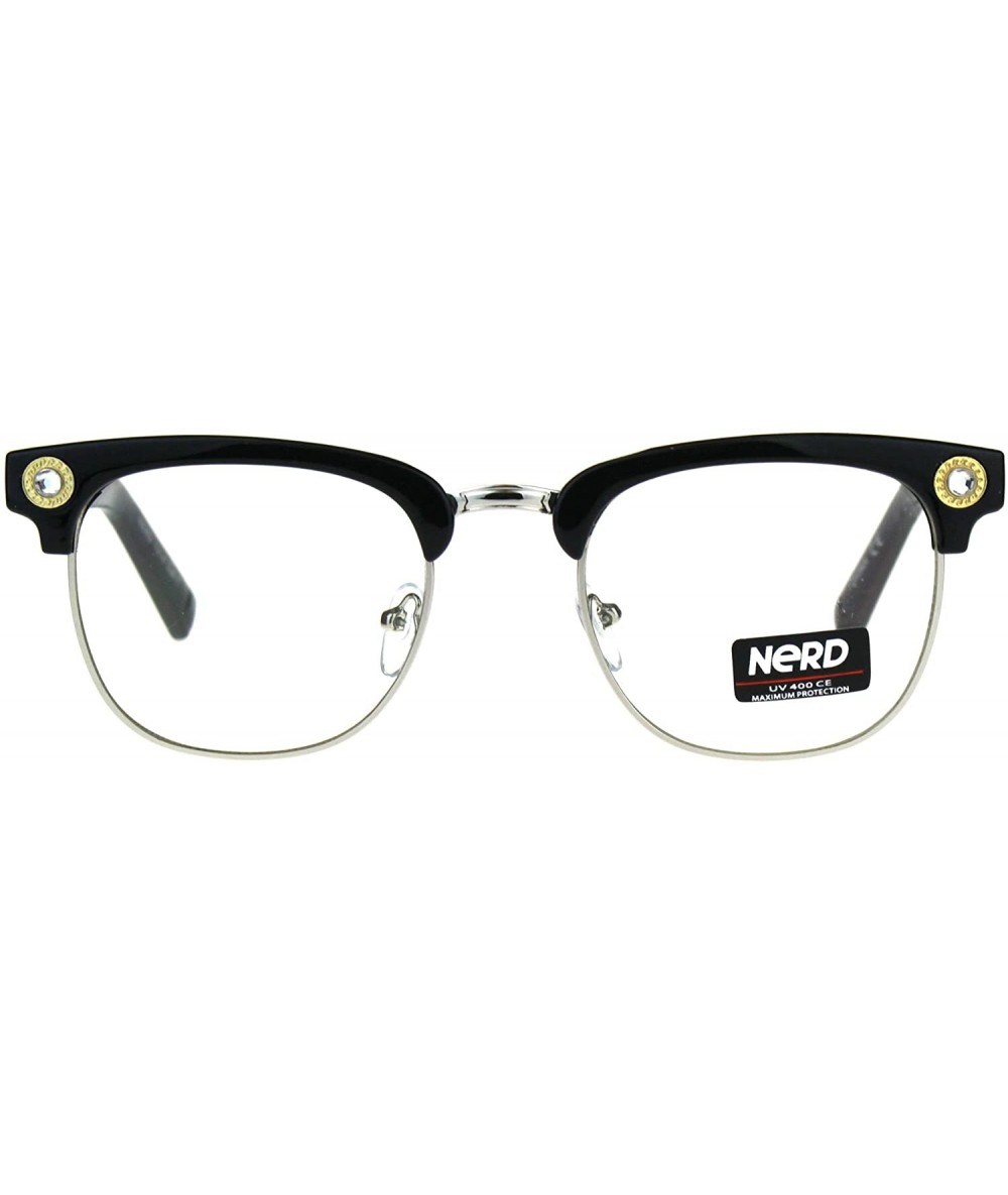 Square Designer Fashion Clear Lens Glasses Rhinestone Square Eyeglasses UV 400 - Black Silver - CG180WR95LA $19.79