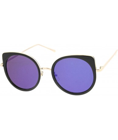 Cat Eye Women's Slim Temples Colored Mirror Flat Lens Round Cat Eye Sunglasses 54mm - Black-gold / Blue Mirror - C912N1W09CB ...