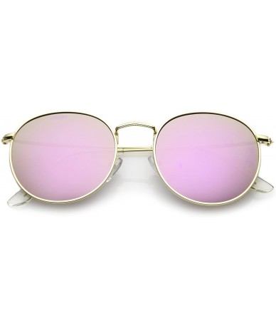 Round Retro Metal Frame Thin Temples Colored Mirror Lens Round Sunglasses 50mm - Gold / Purple Mirror - CC17YQ6ZC00 $20.75