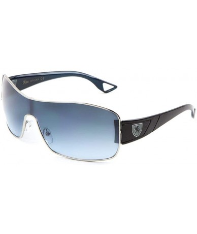 Oversized Khan Wrap Around One Piece Lens Sunglasses - Silver- Blue & Black Frame - CO18QL6XMCX $23.52