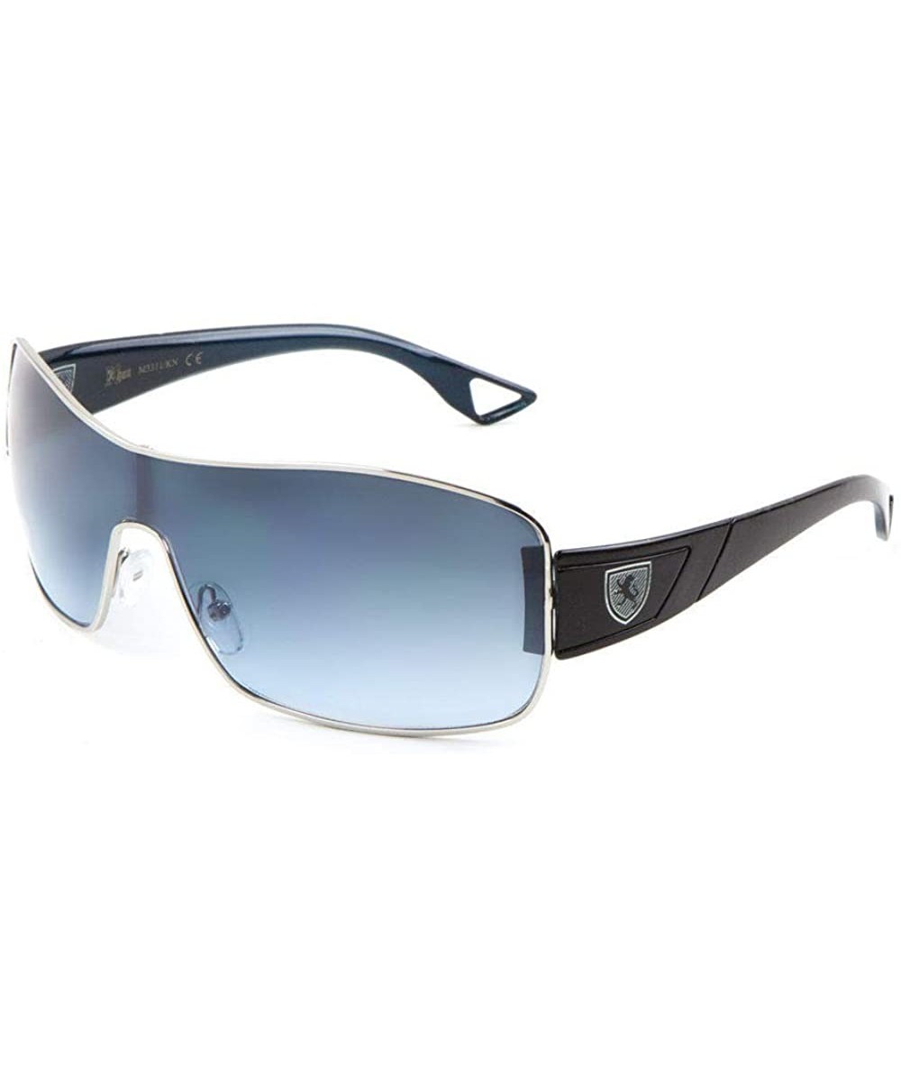 Oversized Khan Wrap Around One Piece Lens Sunglasses - Silver- Blue & Black Frame - CO18QL6XMCX $23.52