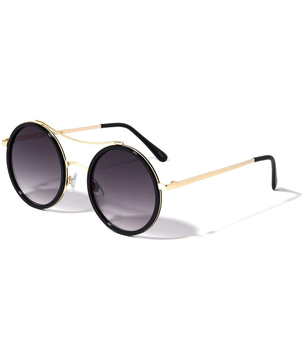 Round Flat Lens Double Plastic Metal Rim Curved Top Bar Round Sunglasses - Smoke Gold - CD190DMN9KM $27.38