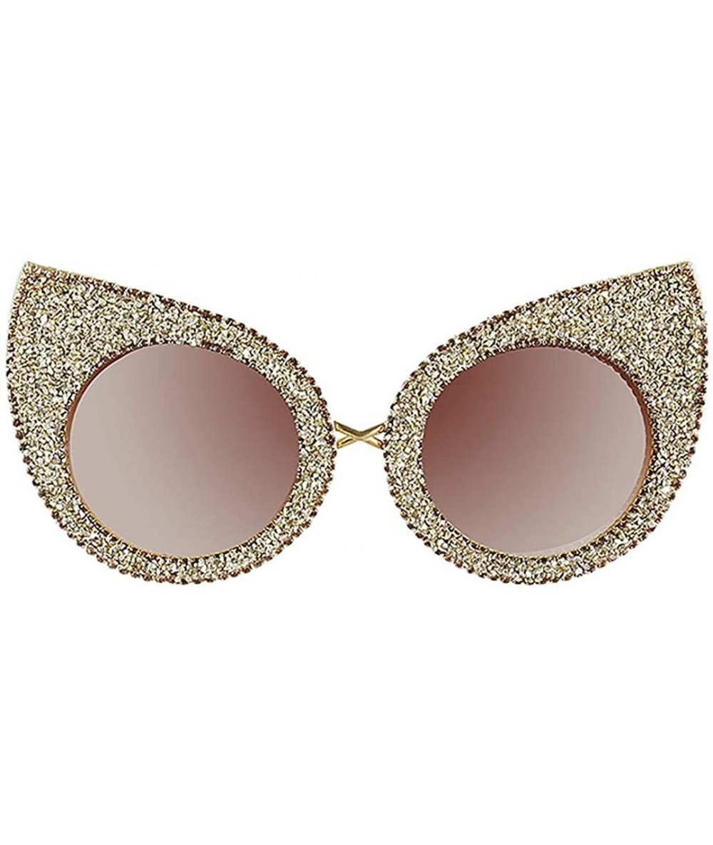 Round Sparkling Crystal Cat Eye Sunglasses UV Protection Rhinestone Sunglasses - Gold-c - CX1939H5TNG $32.00