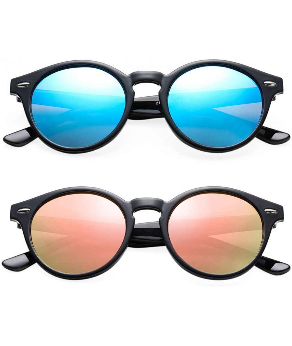 Round Vintage Round Polarized Sunglasses for Women Men Horn Rimmed Circle Mirrored Lens Sun Glasses(Black/Blue Mirror) - CF18...