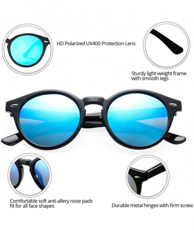 Round Vintage Round Polarized Sunglasses for Women Men Horn Rimmed Circle Mirrored Lens Sun Glasses(Black/Blue Mirror) - CF18...