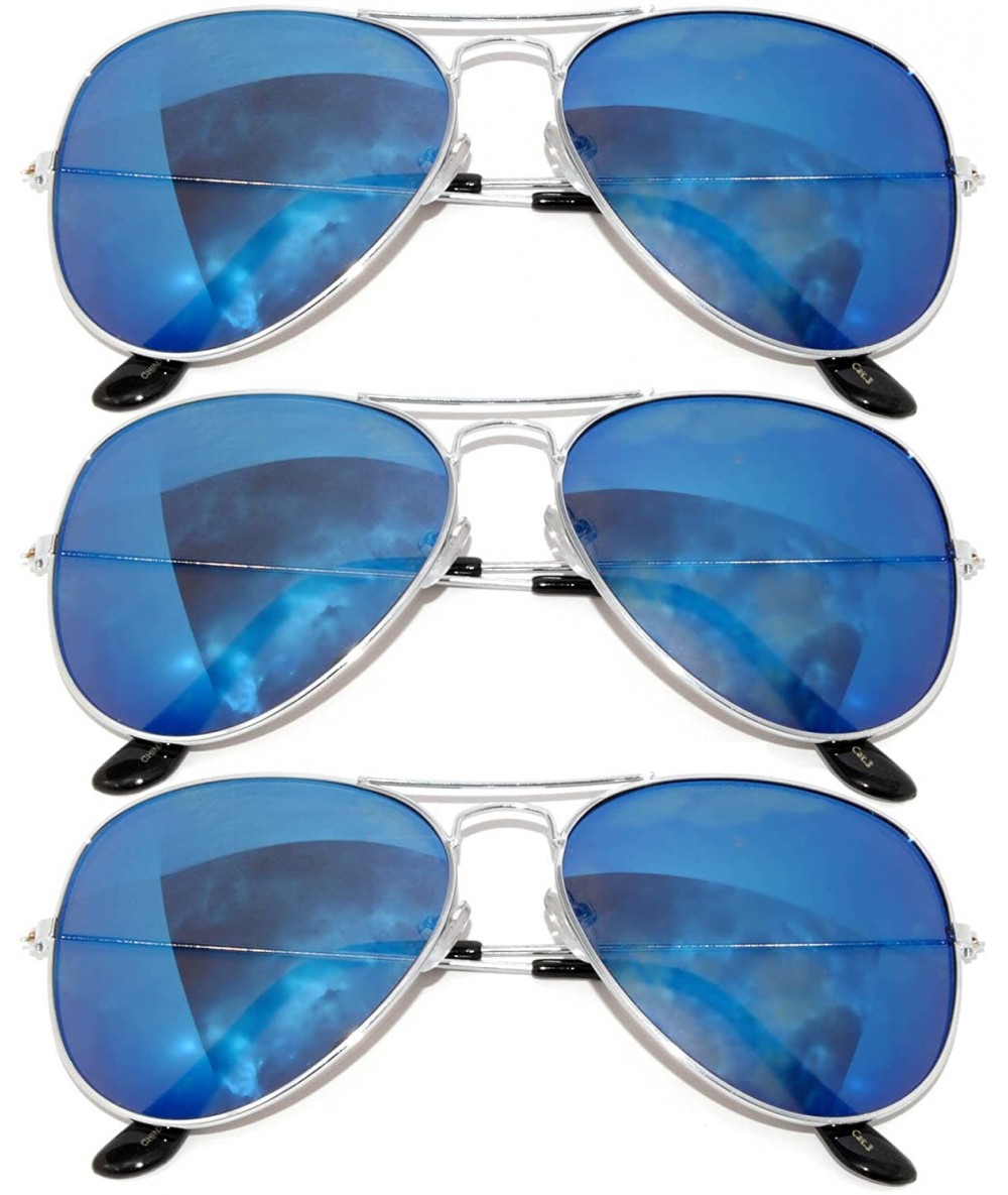 Aviator Classic Silver Metal Frame Flash Mirror Lens 3 Pairs - 3 Pack Silver Frame Blue Mirror Lens - CO11MPTRA2B $18.02