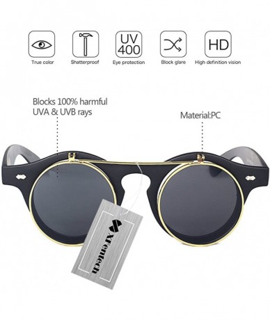 Oval Unisex Metal Retro Steampunk Style Circle Sunglasses Round Lens Flip up Men Women - Black-matte - CX18C4USYW9 $18.73