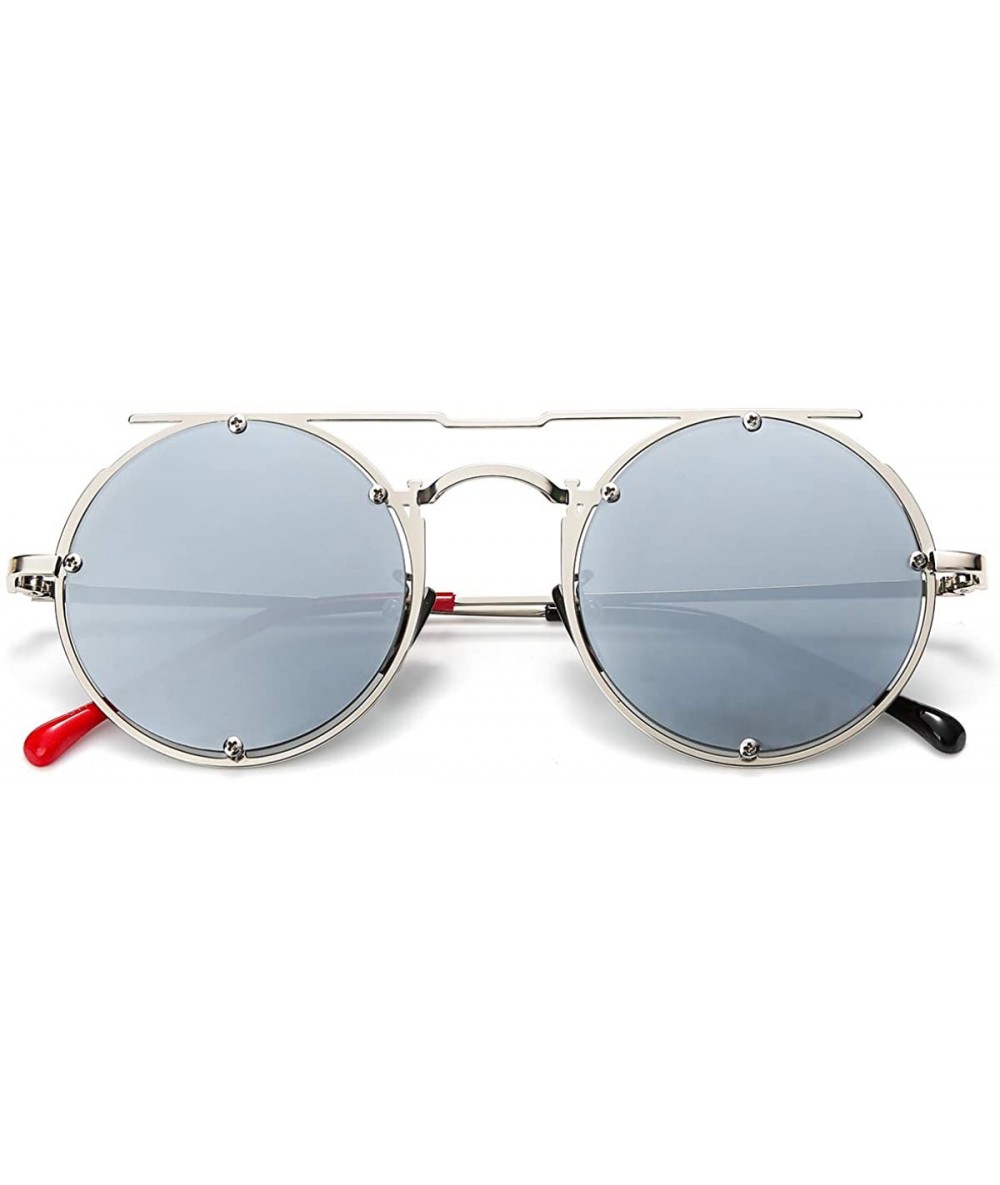 Round Retro Round Sunglasses Frame Fashion Mirrored Driving Steampunk Rivet Style UV400 - Sliver-sliver - CU196E0579I $17.18