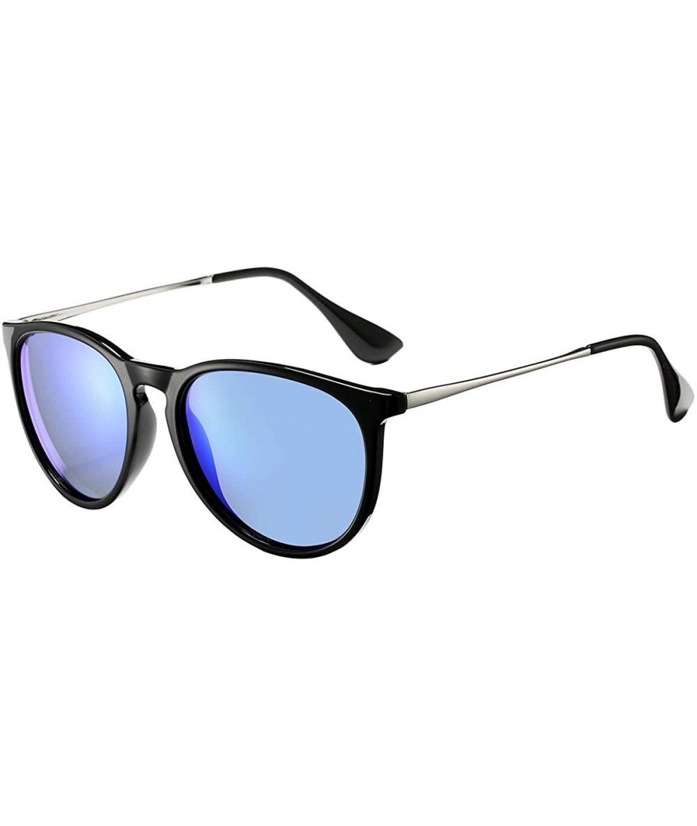 Sport Polarized Sunglasses for Women Classic Round Retro Sun Glasses - Black Frame/Blue Mirrored Lens - C819466XGZT $27.73