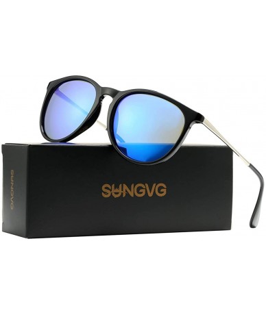 Sport Polarized Sunglasses for Women Classic Round Retro Sun Glasses - Black Frame/Blue Mirrored Lens - C819466XGZT $27.73