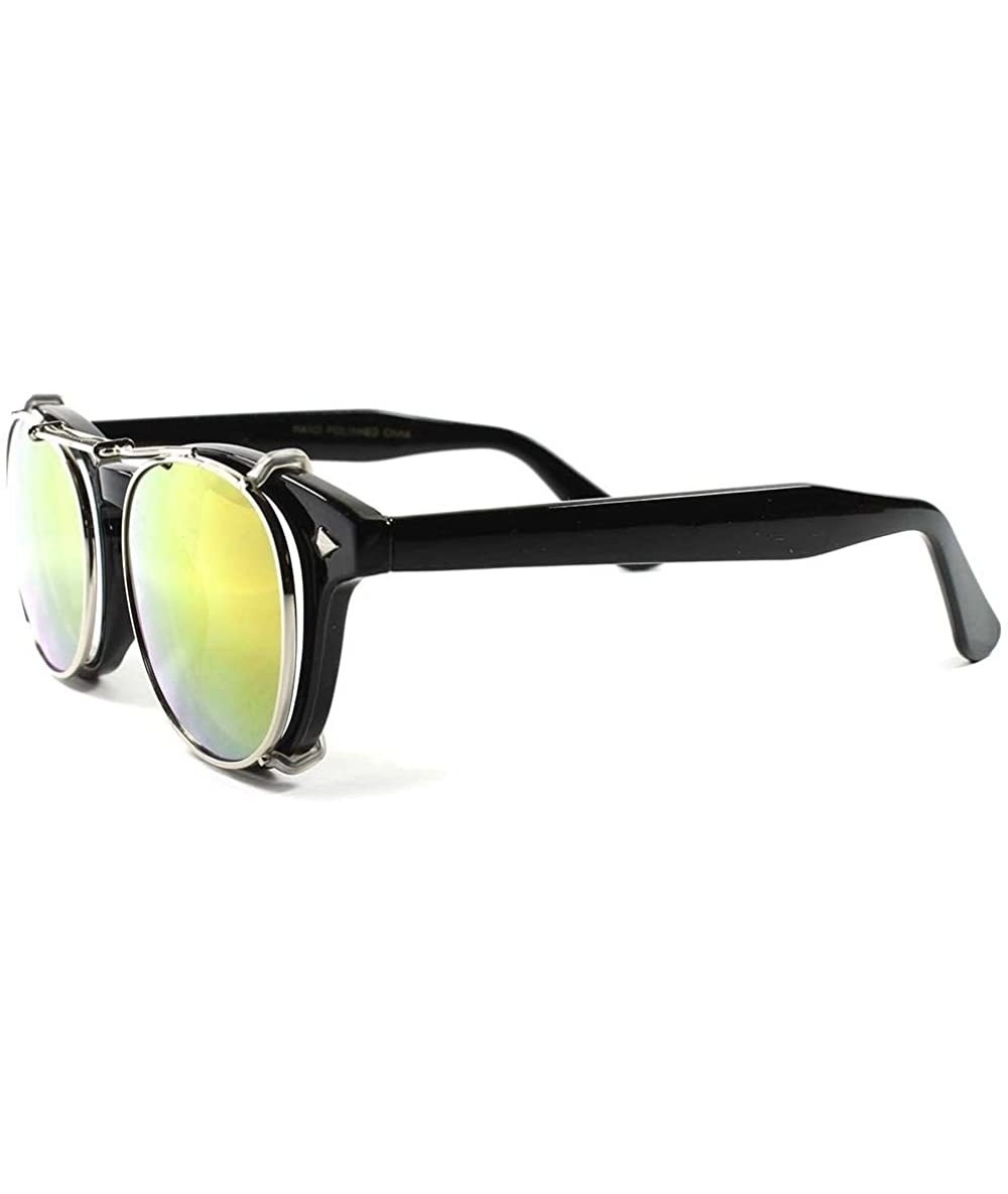 Round Hipster Mens Womens Frame Glasses W/Mirrored Clip Ons - Black 1 - C418ECEYQNT $30.22