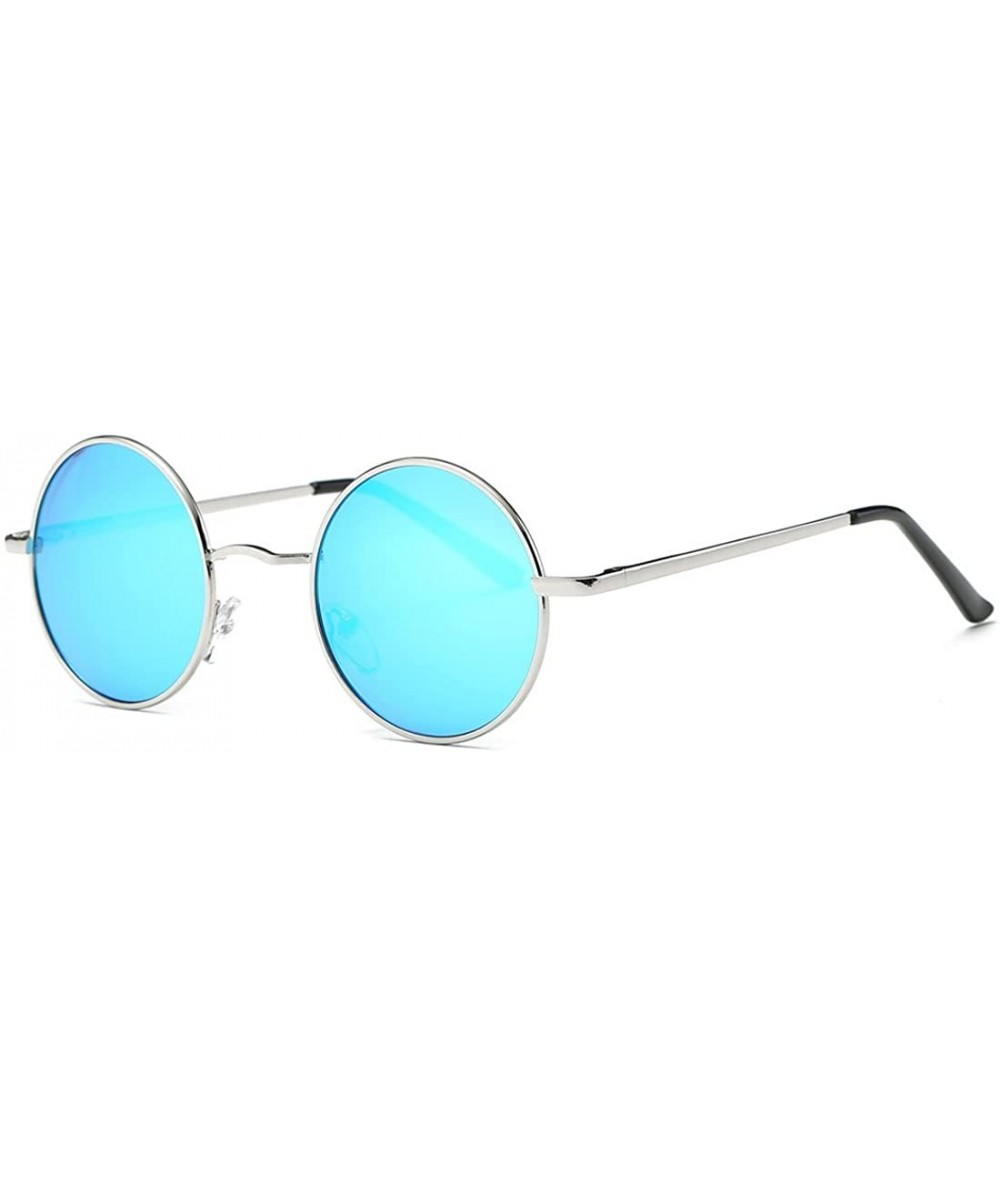 Round Polarized Sunglasses Small Round Lens Metal Frame Retro Unisex Glasses AE0518 - Silver&blue - CW12O32PECZ $20.33